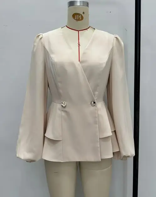 2025 خريف/شتاء جديد المرأة موضة عادية الخامس الرقبة كشكش بلون كم طويل فانوس كم قميص ملابس نسائية #5