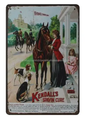 room wall decor 1906 Kendall's Spavin Cure lady horse dog metal tin sign