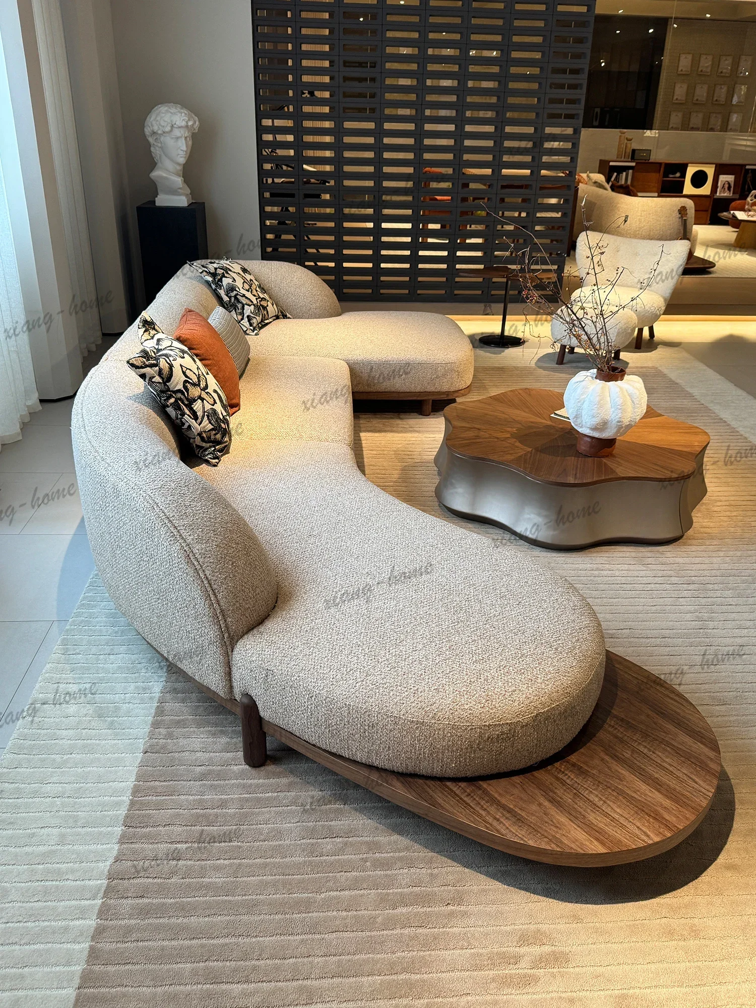 Beige Boucle Curved Sectional Sofa S Shaped Wooden Plinth Base Pillow Backrest Chaise For Living Room Villa Bedroom Home Decor
