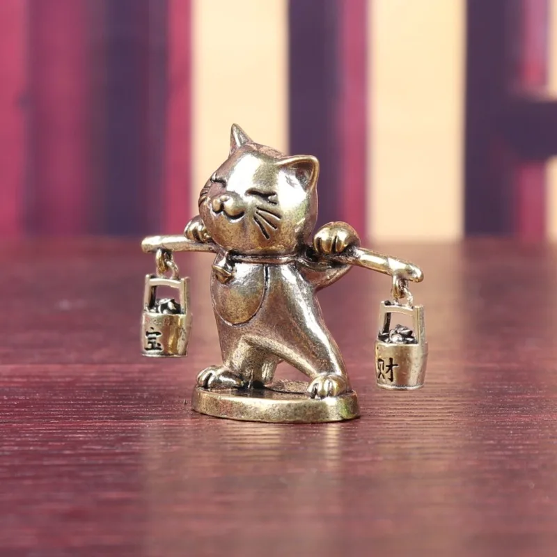 Brass Lucky Cat Figurine Mini Animal Statue Copper Desktop Ornament Tea Pet Home Office Decor Collectible Craft Gift
