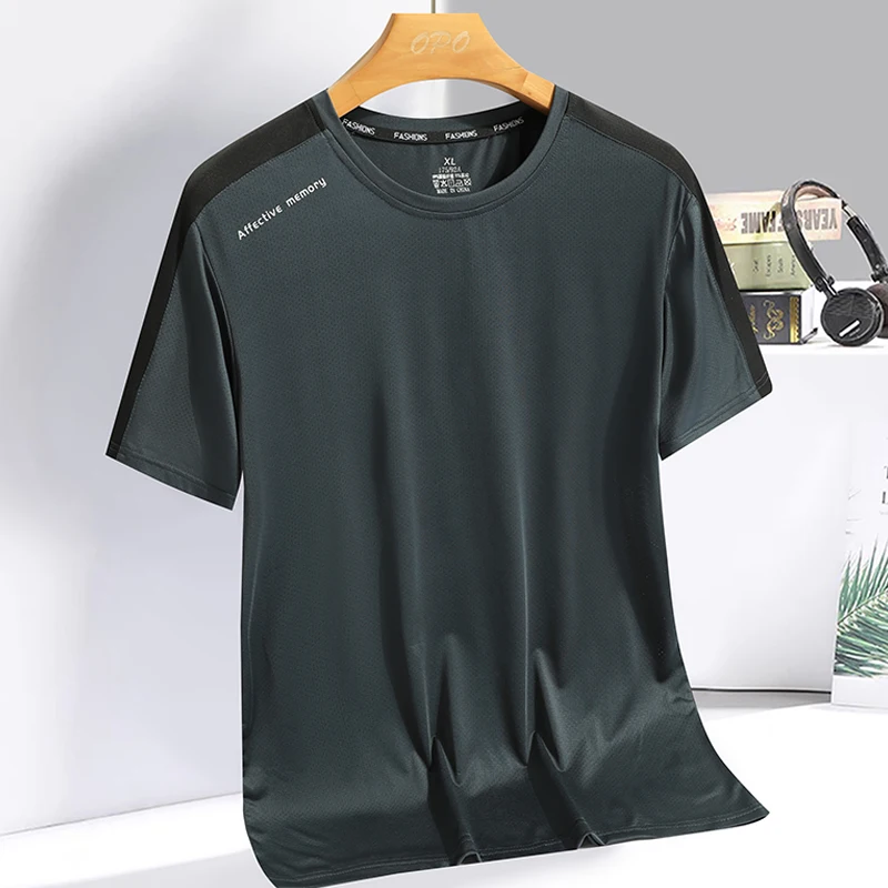 Thin round neck T-shirt summer sports running top color blocking men\'s and women\'s short T casual loose ice silk quick drying br