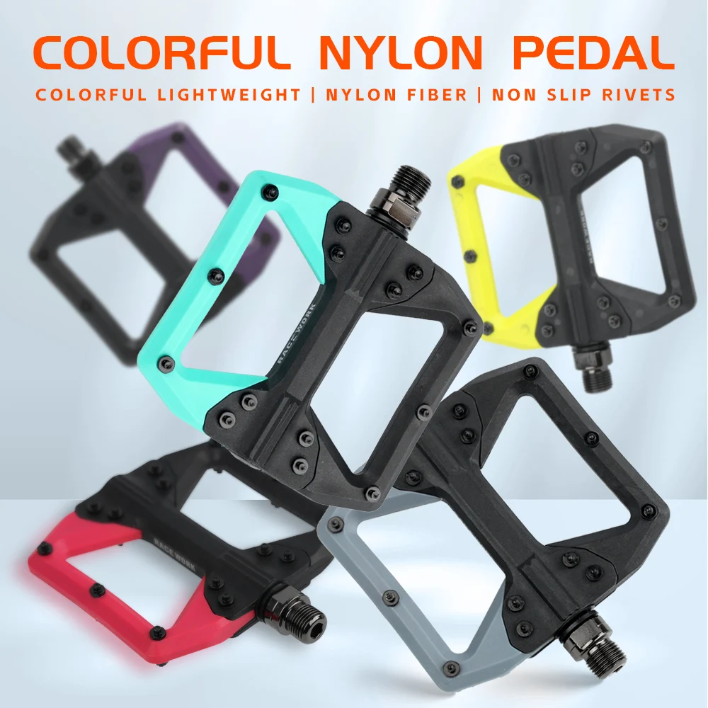RACEWORK MTB Bike Pedals Nylon Construction Wide Footplate Anti-Slip Cleats Ball Bearings Suitable For Off-Road Bicycle Pedals