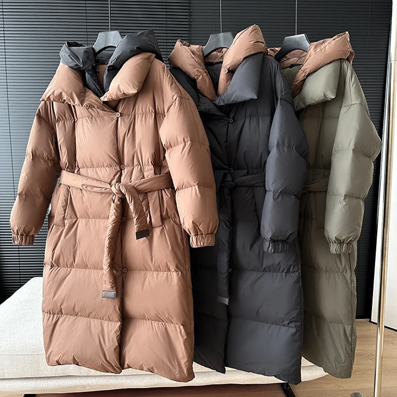 Fake Two Piece Detachable Hood Thick Down Jacket Women\'s Long High Quality White Duck Puffer Parka Coats Winter Snow Outwear