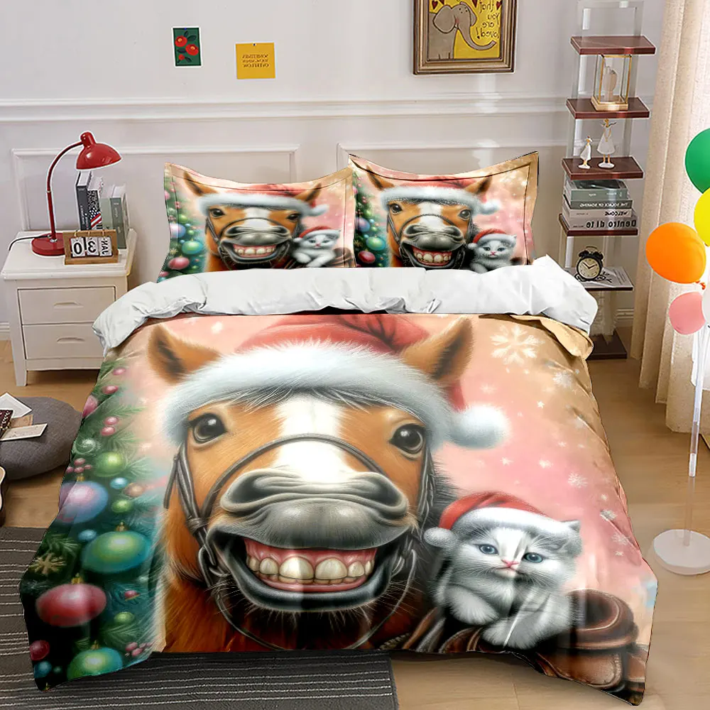 A cheerful horse and cat celebrating Christmas Print Duvet Cover Bedding Set Included 1*Duvet Cover 2*Pillowcases