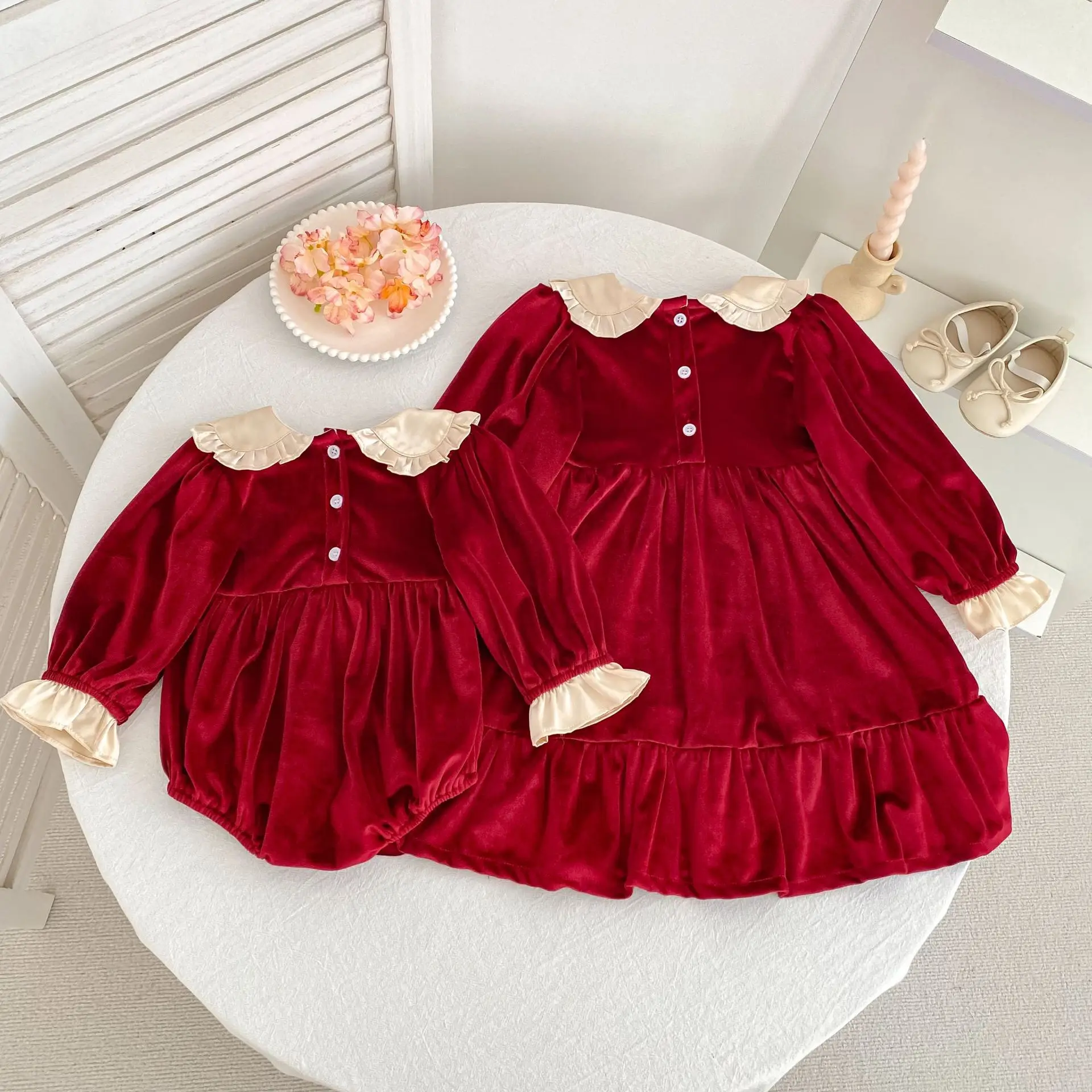 Christmas Girl's Clothing Red Velvet Sister Outfits Long Sleeve Ruffle Collar Baby Romper & Girls A-Line Dress