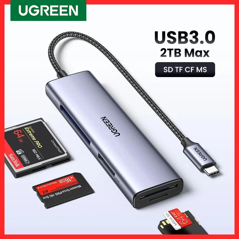 UGREEN قارئ بطاقة USB3.0 4-in-1 USB-C إلى SD TF CF MS بطاقة الذاكرة محول لأجهزة الكمبيوتر المحمول ويندوز ماك OS مايكرو SD OTG قارئ بطاقة