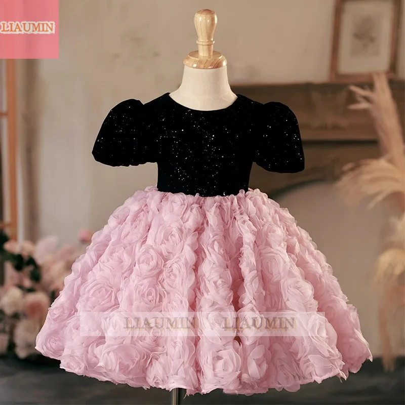 

Розовые и черные платья с цветами для девочек на свадьбу, платье принцессы на свадьбу, день Святого первого причастия, наряд для вечеринки, на торжество, на день невесты, на вечеринку, юбка для детей