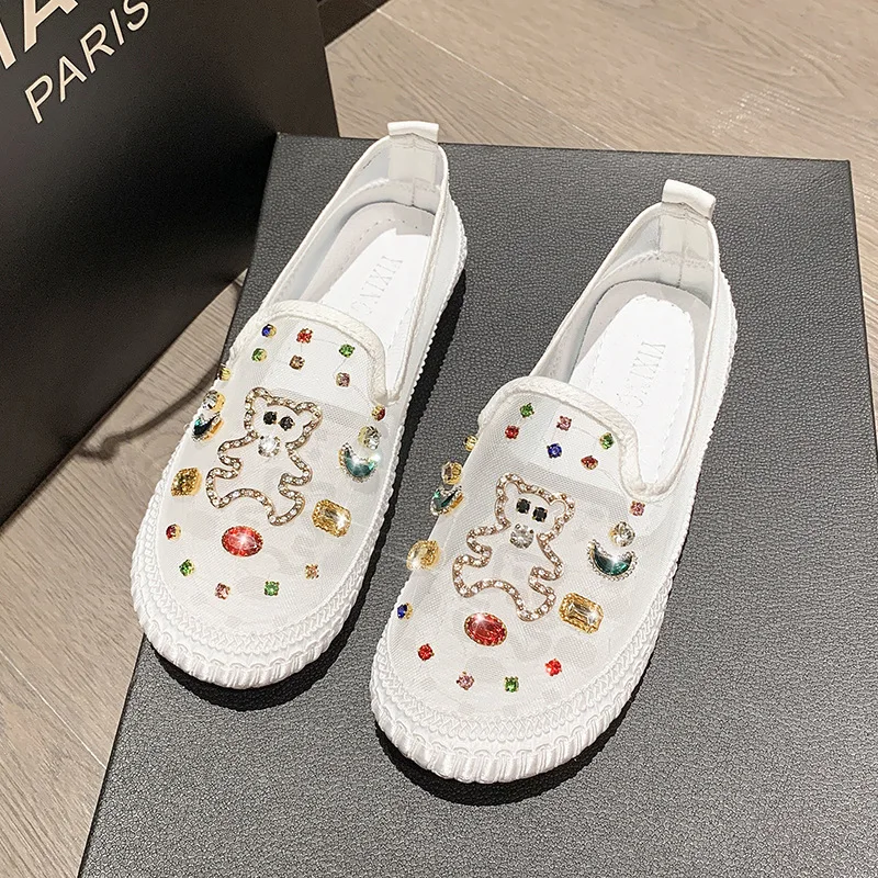 Cute Bear Soft Sole Loafers Women's Rhinestone Decor Mesh Sneakers Slip on Flats Outer Wear Bean Shoes Summer Female Slippers
