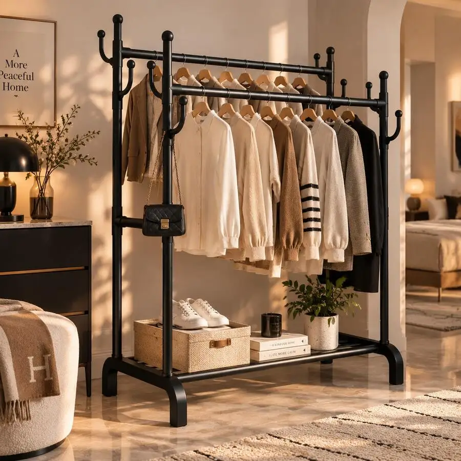 1pc Adjustable Height Single/Double Bar Storage Rack | Space-Saving Double And Single Layer Hanging Clothes Rack, Can Store 10-1