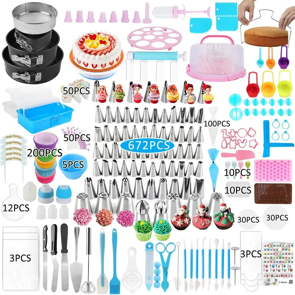672 Pcs Cake Decorating Kit and Supplies with Cake Stand and Carrier Holder, Springform Pan Sets, 3-Layer Toolbox Organizer, Icing Piping Nozzles, Cake Rotating Turntable and Baking Supplies Tools Set