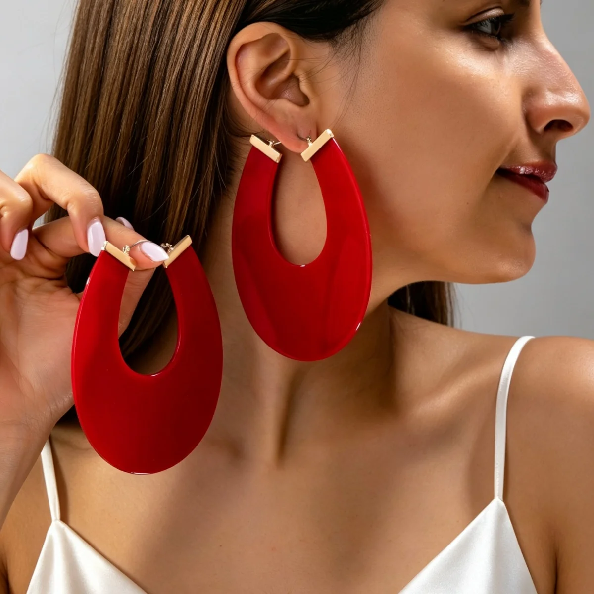 Exaggerated Red/ Orange / Black U-shaped Hoop Earrings Minimalist Statement Drop Earrings For Women Daily Wear
