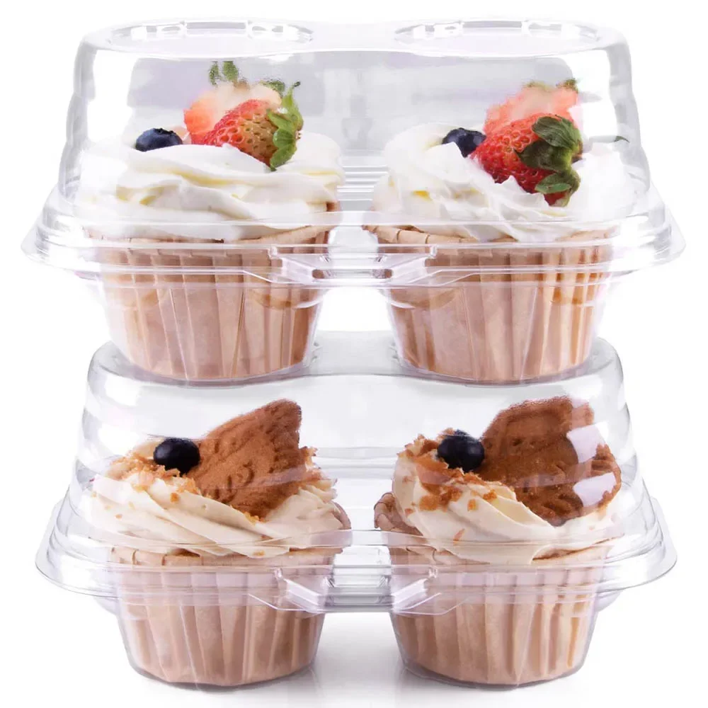 50 Pcs Disposable Cups Transparent Cupcake Box Tray 2 Cavities Stackable Cupcake Cups Dome Holder Packaging Box