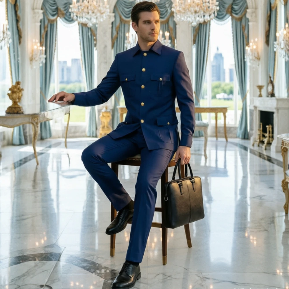 Safari Men Suits with Gold Buttons Multi-Pocket Formal Business Suit Slim Fit Modern Blazer with Pants for Office 2 Pieces