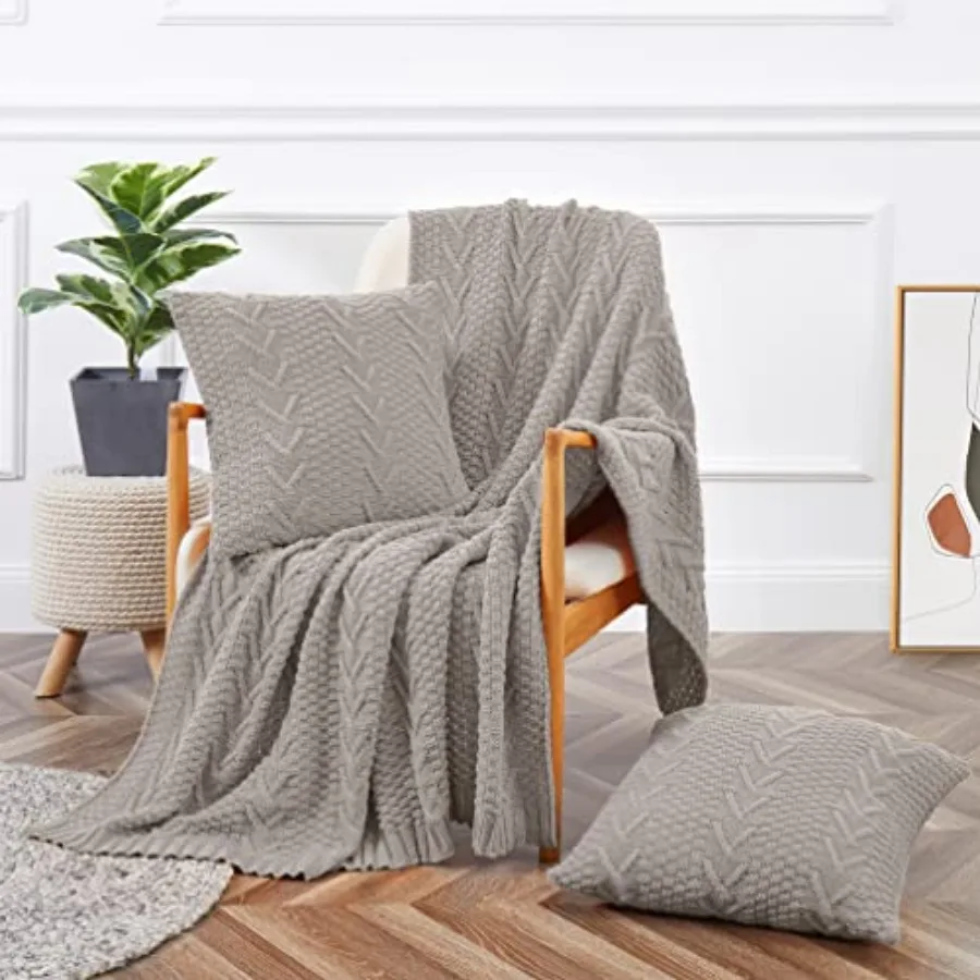 

Knitted Throw Blanket 50" x 60" and 2 Pillow Covers (18" x 18") 3 Pcs Throw Blanket Set Decorative Throw Blankets for Couch Sof