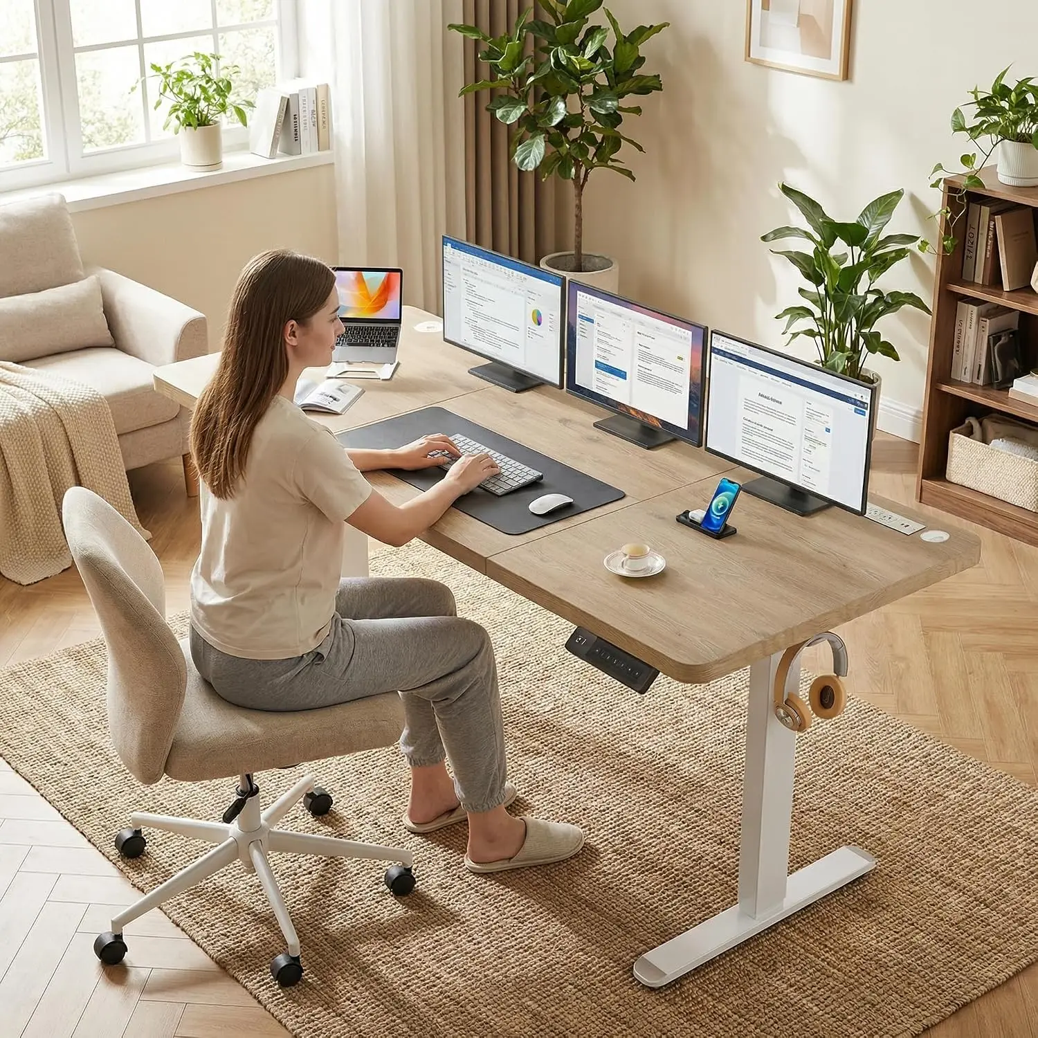 70.8'' x 27'' Electric Standing Desk Adjustable Height with Charging Station, Wheels, 2 USB Ports, 3 Power Outlets,, Customized