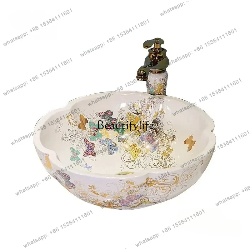 Best Sellers Sink Home Bathroom Fixture Garden Petal-shaped Washbasin Above-ground Flower&butterfly Pattern Basin Art Si
