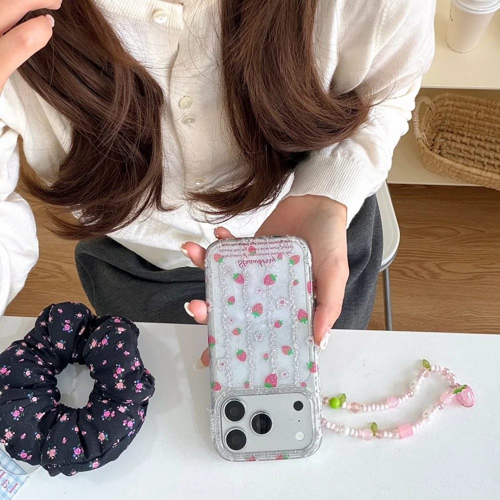 INS Cute Strawberry Glitter Protective Case with Chain for iPhone 17 16 Pro 16 15 Pro Max 14 13 Soft Transparent Shockproof Case