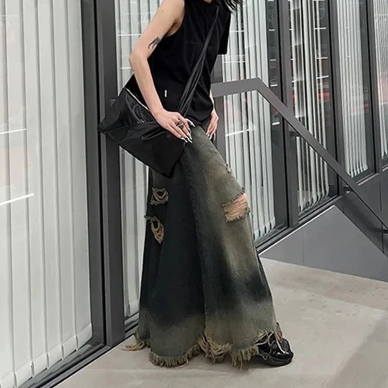 

Harajuku Grunge Aesthetics Denim Skirt Vintage Distressed Jean Skirts Wasteland Loose Korean Fashion Punk Broken Hole Maxi Skirt