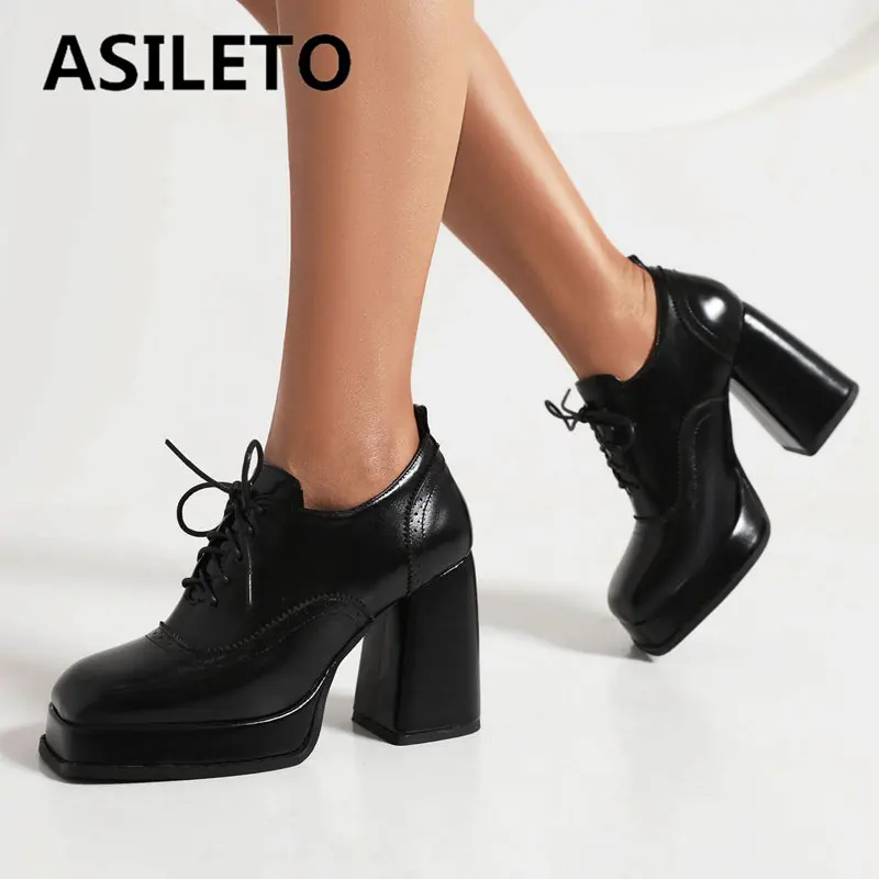 

ASILETO Брендовые женские туфли-лодочки с квадратным носком на массивном высоком каблуке и платформе со шнуровкой, повседневная офисная женская обувь, большие размеры 40, 41, 42 43