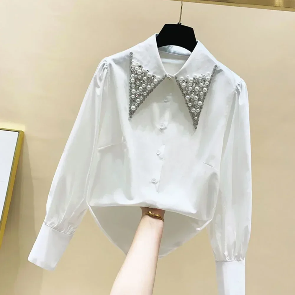 High Quality Pearls Diamonds Collar White Shirt Women Tops Mujer 2023 Spring New Arrival Elegant Blouse Tops Camisas Mujer D194