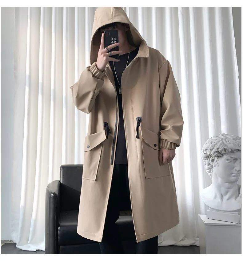

2025 Korean Style Spring Trench Coat Hooded Loose Big Pockets Windbreaker Windproof Men Daily High Street Overcoat Men Clothes