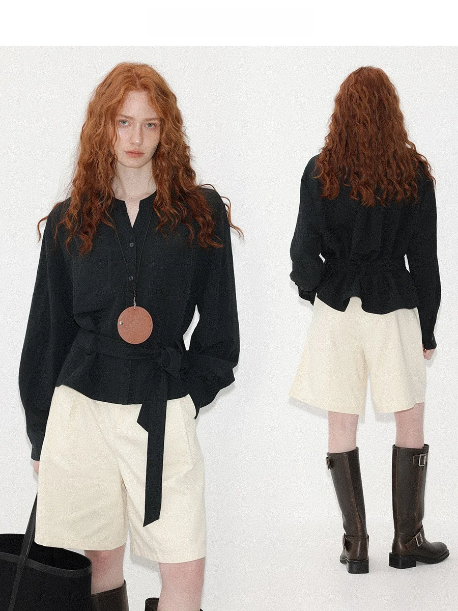 

CHACHASTU Ele mat Color Versatile Belted irt Women's Autumn Winter Commute Slimming Top Loose Fit Long Sve