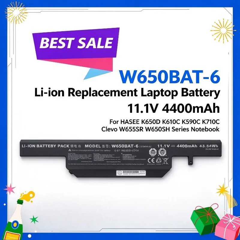 W650BAT-6 11.1V 4400mAh Li-ion Replacement Laptop Battery for HASEE K650D K610C K590C K710C Clevo W655SR W650SH Series Notebook