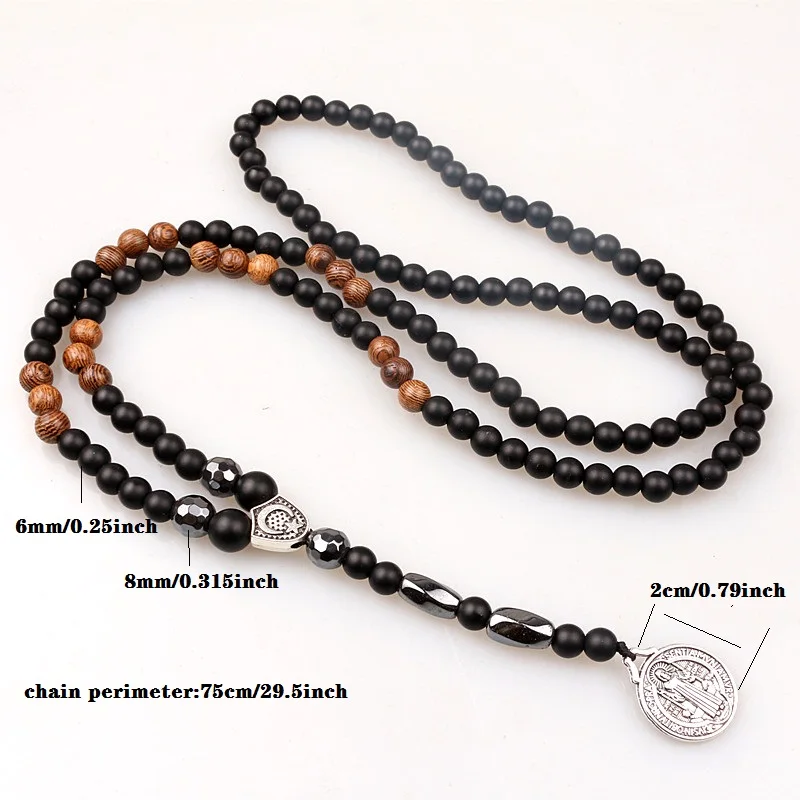 New Design black 6MM stone bead with wood bead Men's pendants Necklace Fashion Jewelry