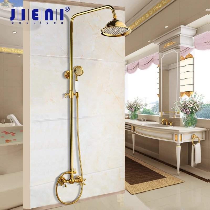 

JIENI Luxury Golden Plated Soild Brass Shower Faucet Set Wall Mounted Single Ceramic Handle Tub Mixer Hand Shower Spray