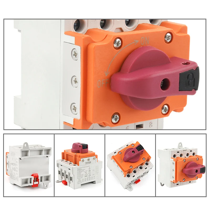 4P DIN-Schienen-Isolator-Drehschalter, Trennschalter mit Drehgriff zur Montage für PV-Photovoltaik-Verteilerkasten, 32A 1200V DC – Detail 5