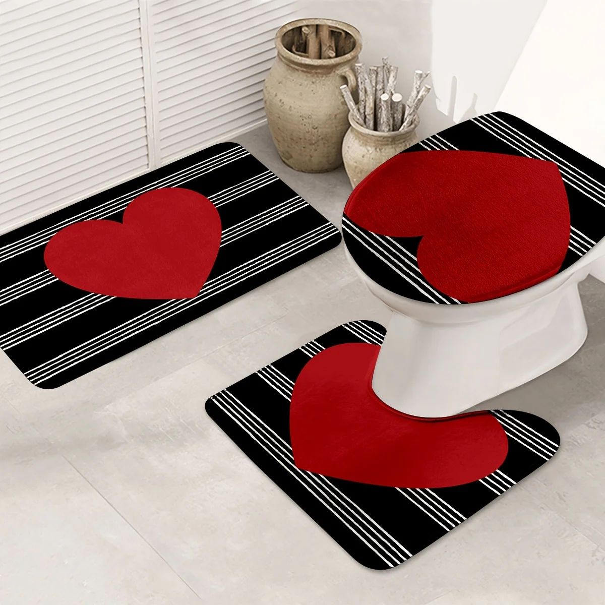 

3pcs Valentine'S Day Heart Bathroom Mat Set, Non-Slip Washable Floor Rugs for Kitchen, Bedroom, Home Decor, Includes Bath Mat, C