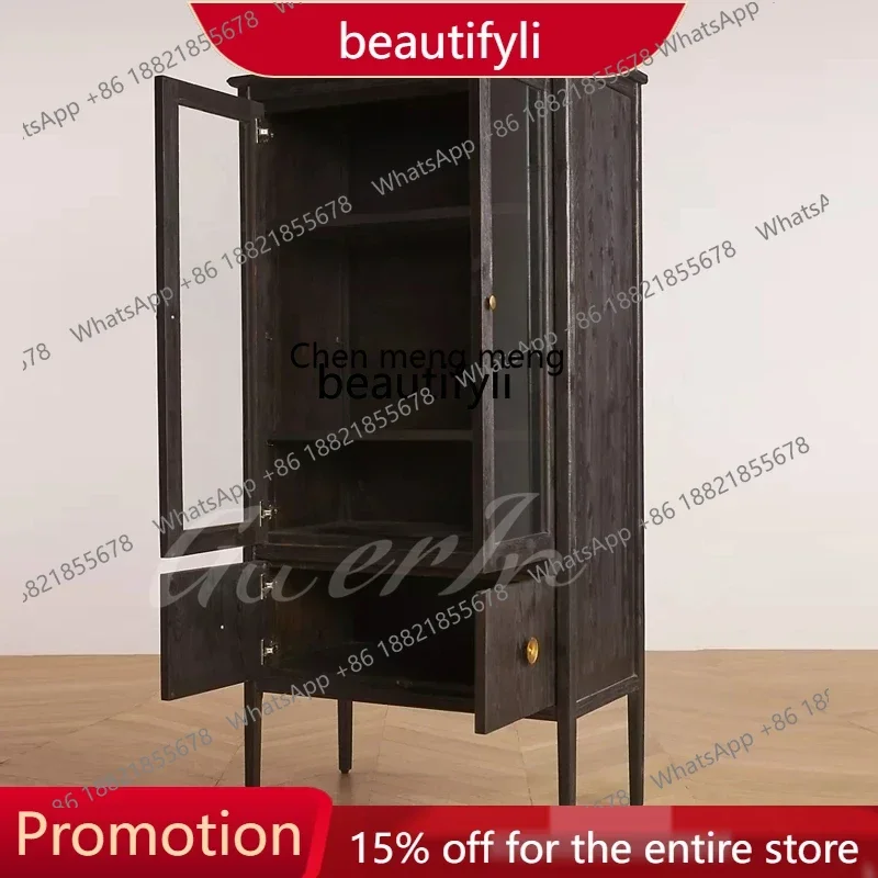 

American-Style Solid Wood Flat Wine Cabinet French Retro Double-Door Sideboard Display Cabinet Integrated Storage Cabin 1001