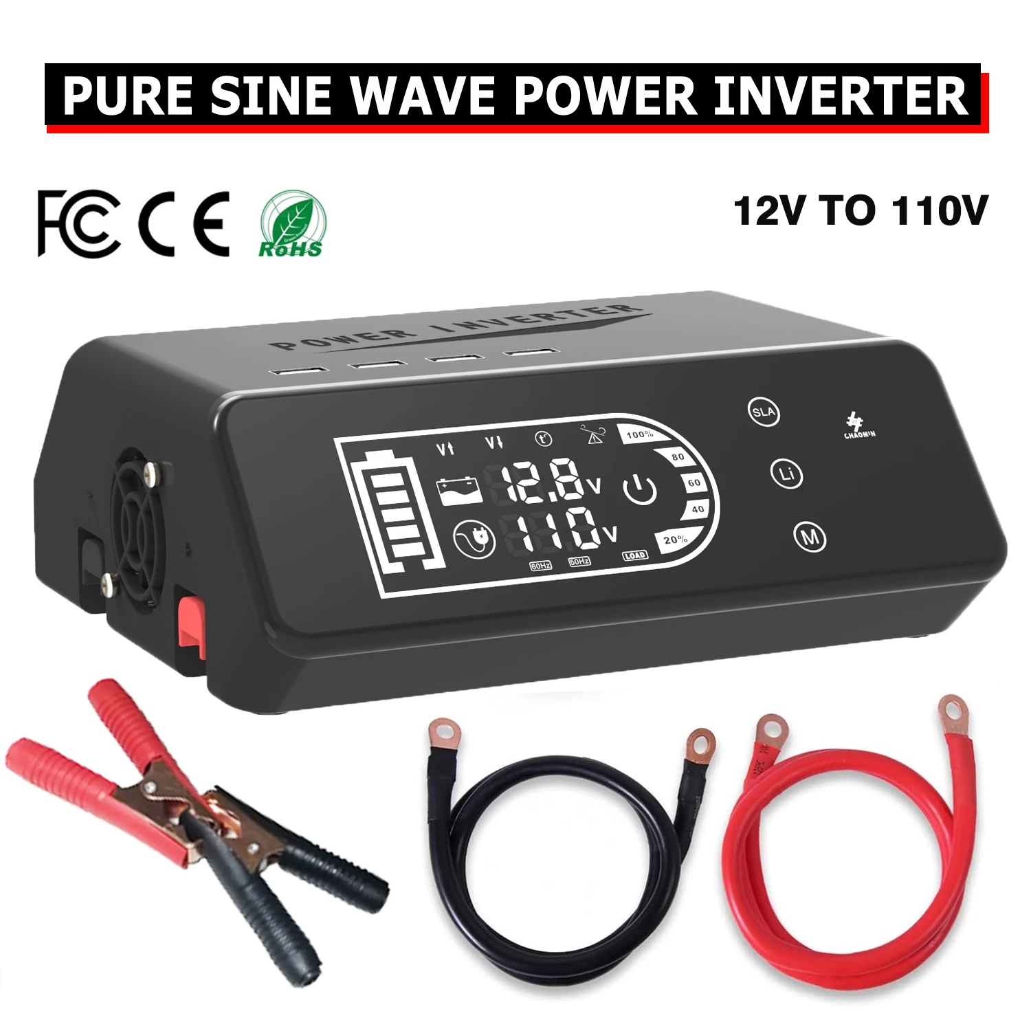 1Set 1000W Car Power Inverter 12V To 110V/220V Pure Sine Wave Power Inverter With Solar Panel For Home Outdoor Camping RV