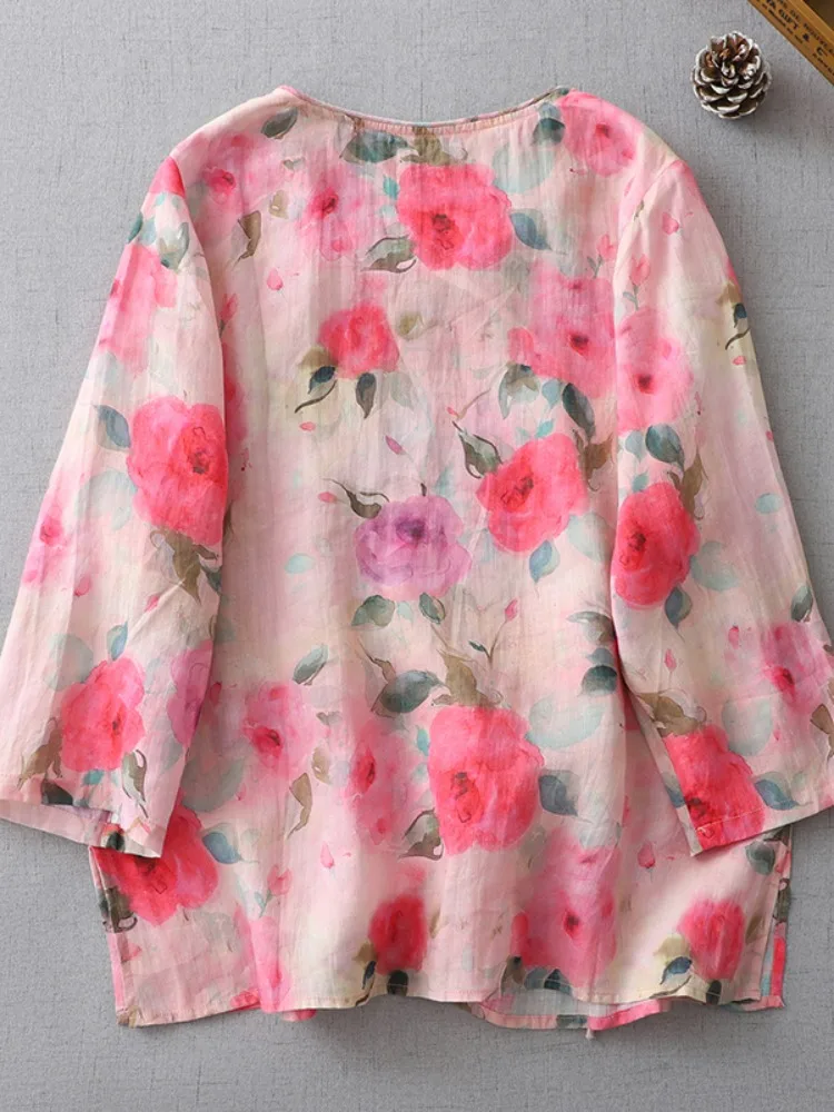 Retro chino algodón lino irt verano estampado suelto adelgazante té disfraz irt Overhead Zen mujer Faion redondo Ne botón...