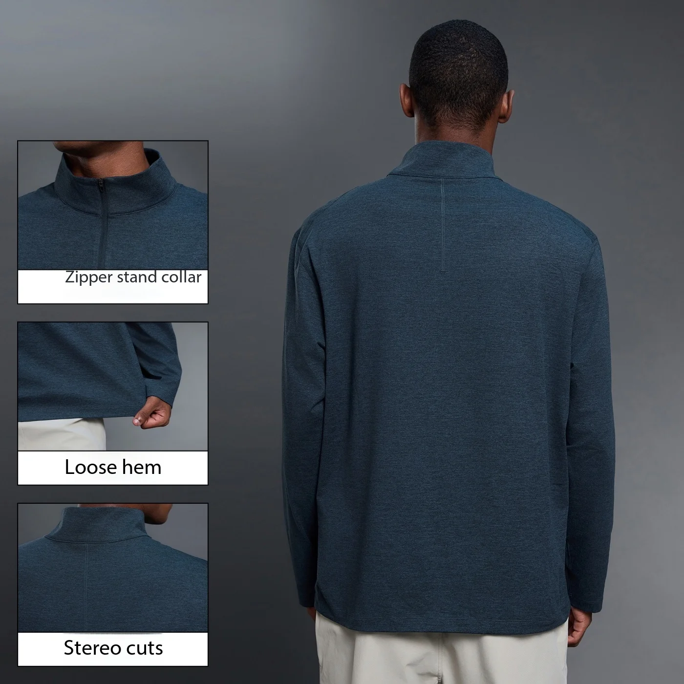 Mens Half-zipper stand collar Long-sleeved T-shirt Spring Autumn Loose Breathable Turtleneck sweater Solid color Versatile Top