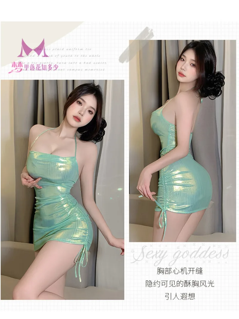Jabłkowozielona Słodka Wąska Damska Mini Sukienka Kołnierz Stosowany PU Sznurek Wysoki Stan Gorące Seksowne Sukienki Koreańskie Damskie Top Anchor LIH7
