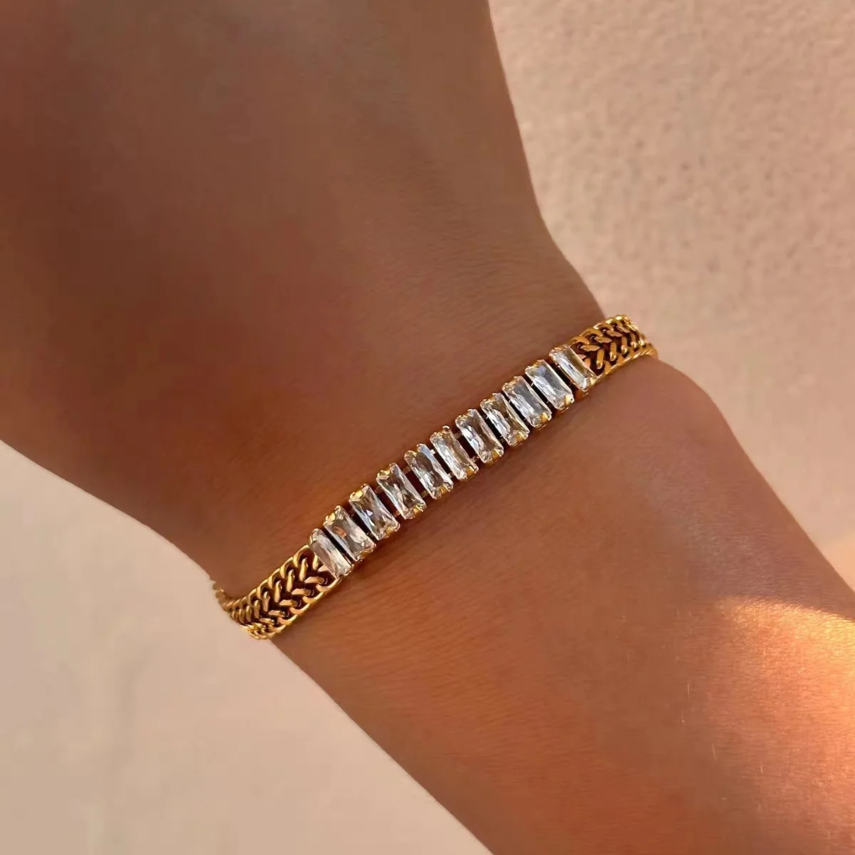 

316L Stainless Steel New Fashion Upscale Jewelry 2 Rows Embedded Zircon Crystal Charm Thick Chain Bracelets Bangles For Women