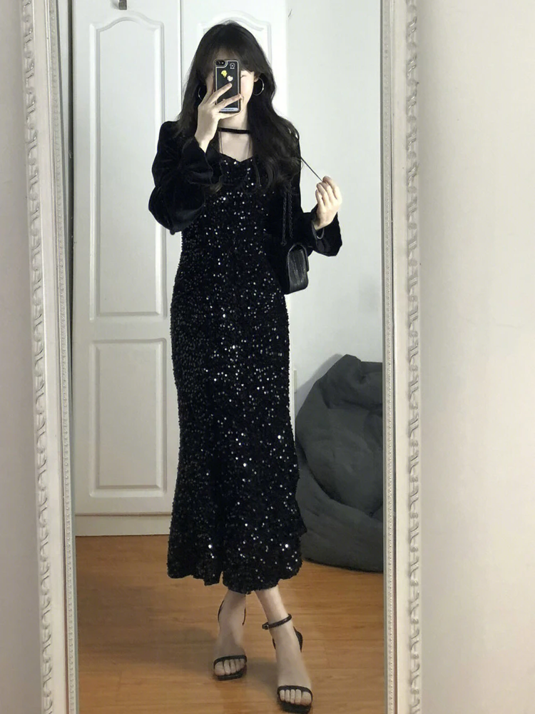 

Велюровое длинное платье с пайетками и дизайном в виде рыбьего хвоста для женщин больших размеров, весеннее, с высокой талией, облегающее, в корейском стиле