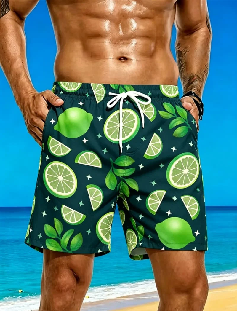 Men's Tropical Fruit Print Swim Trunks, Quick Dry Casual Shorts, Breathable and Stylish for All Summer Occasions