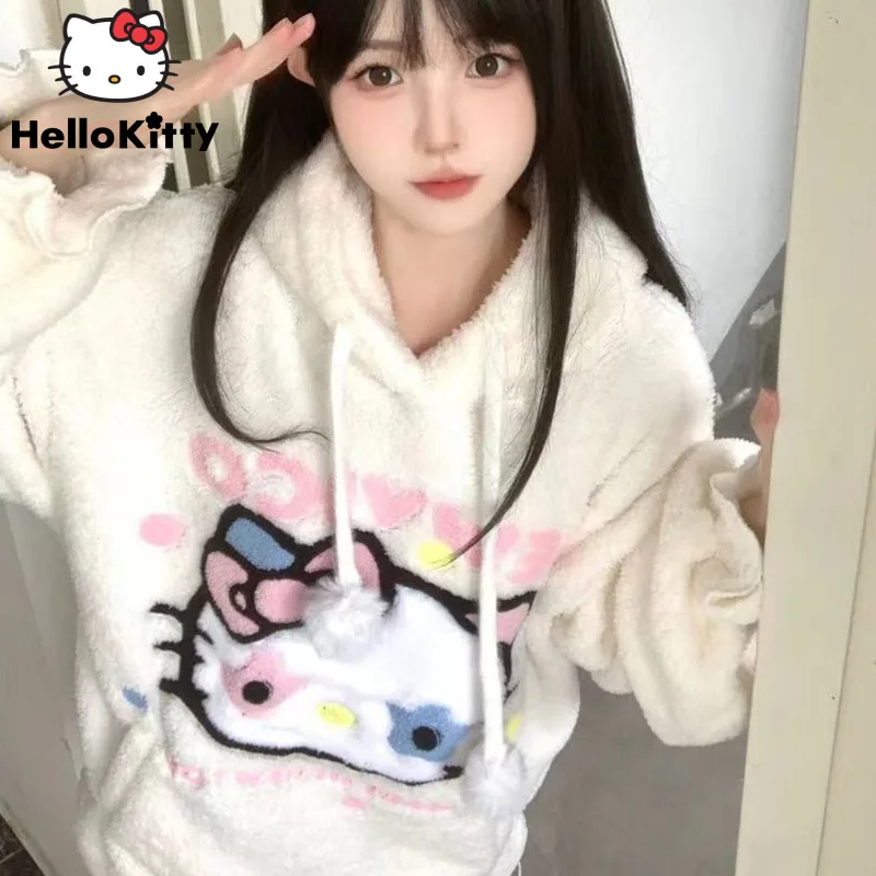 Sanrio Hello Kitty New Plush Hoodie Autumn Winter Soft Pullovers Y2k Kawaii Tops Women Japanese Style Cartoon Sweet Sweatshirts