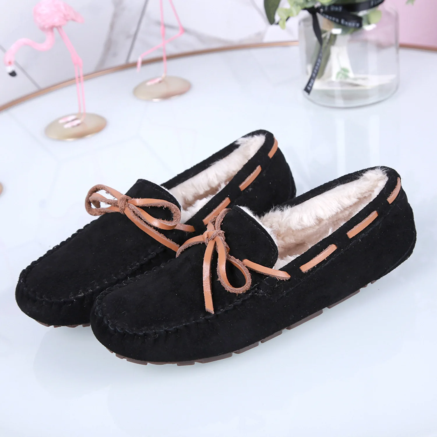 

Winter Warm Wool Loafers Bow-knot Round Head Women Flats Outdoor Cover Heel Shoes Soft Sole Slip on Zapatos Mujer