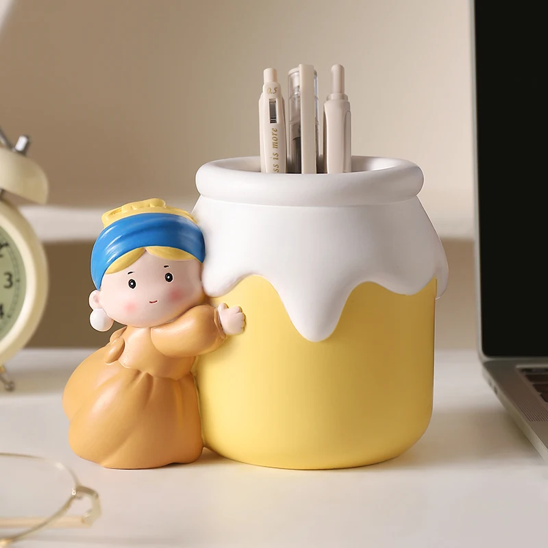 Cute Girl Resin Pen Holder Kawaii Desktop Pencil Organizer Creative Desk Storage Box Home Office Decor Gift