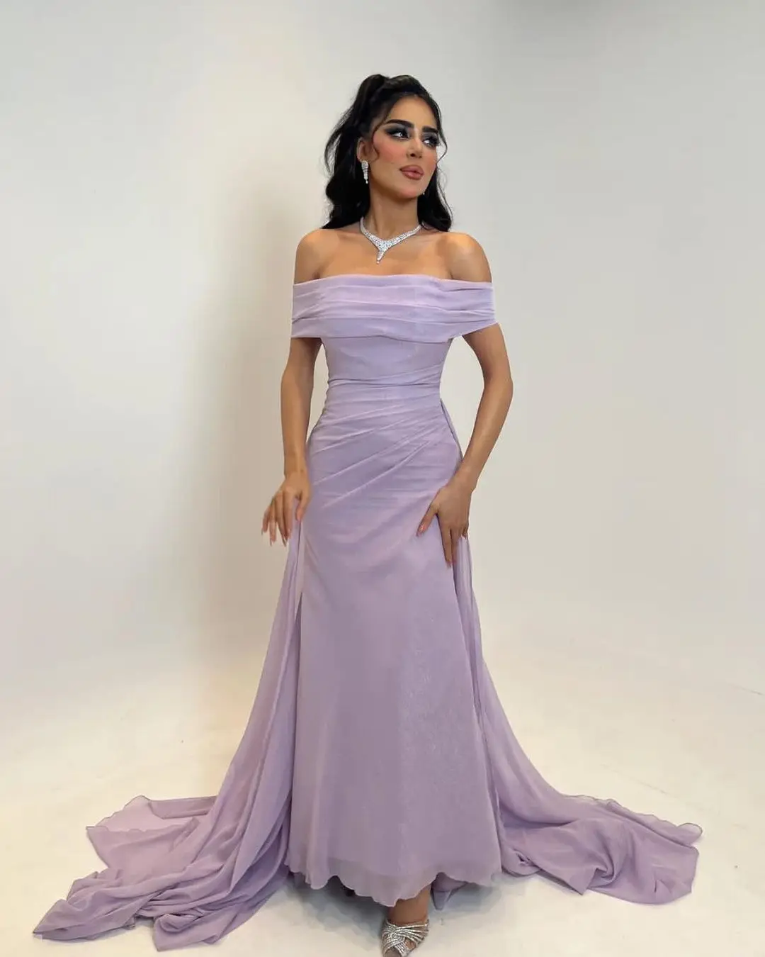 Sapmae Off-the-shoulder Sleeveless Zipper Up Sheath Court Train Purple TaffetaElegant Prom Formal Evenning Party Dress For Women