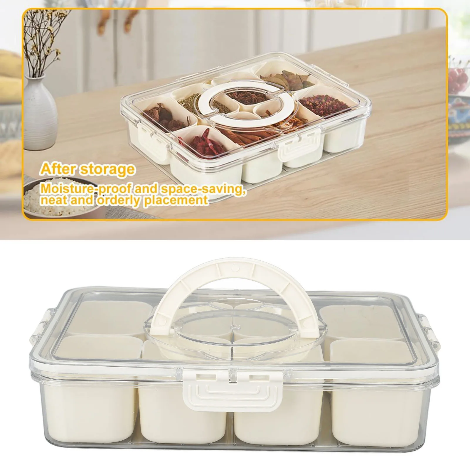 Sectioned Serving Platter Divided Spice Storage Box Sturdy Portable Plastic Multifunctional with Lid and Handle for Home Picnic