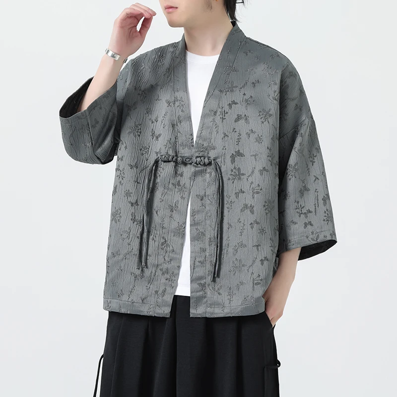 M-5XL Plus Size 3/4 Sleeve Men's Kimono Shirts Cardigan Casual Streetwear Seven Sleeve Open Front Plain Flower Pattern Tops