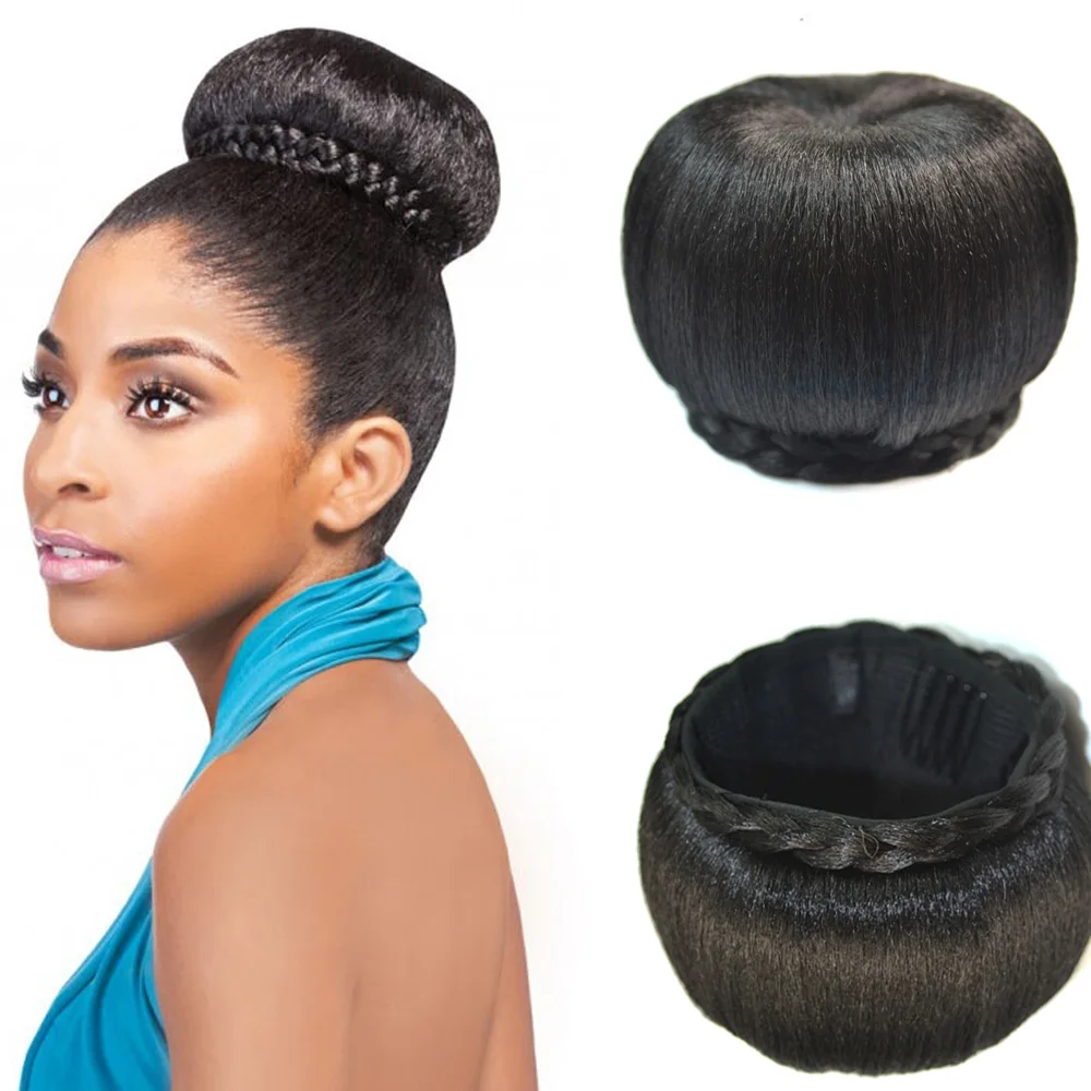 Synthetic Fake Hair Bun with Bang Braided Chignon Bun Updo Donut Ponytail HairPiece For Women Clip in Hair Extension