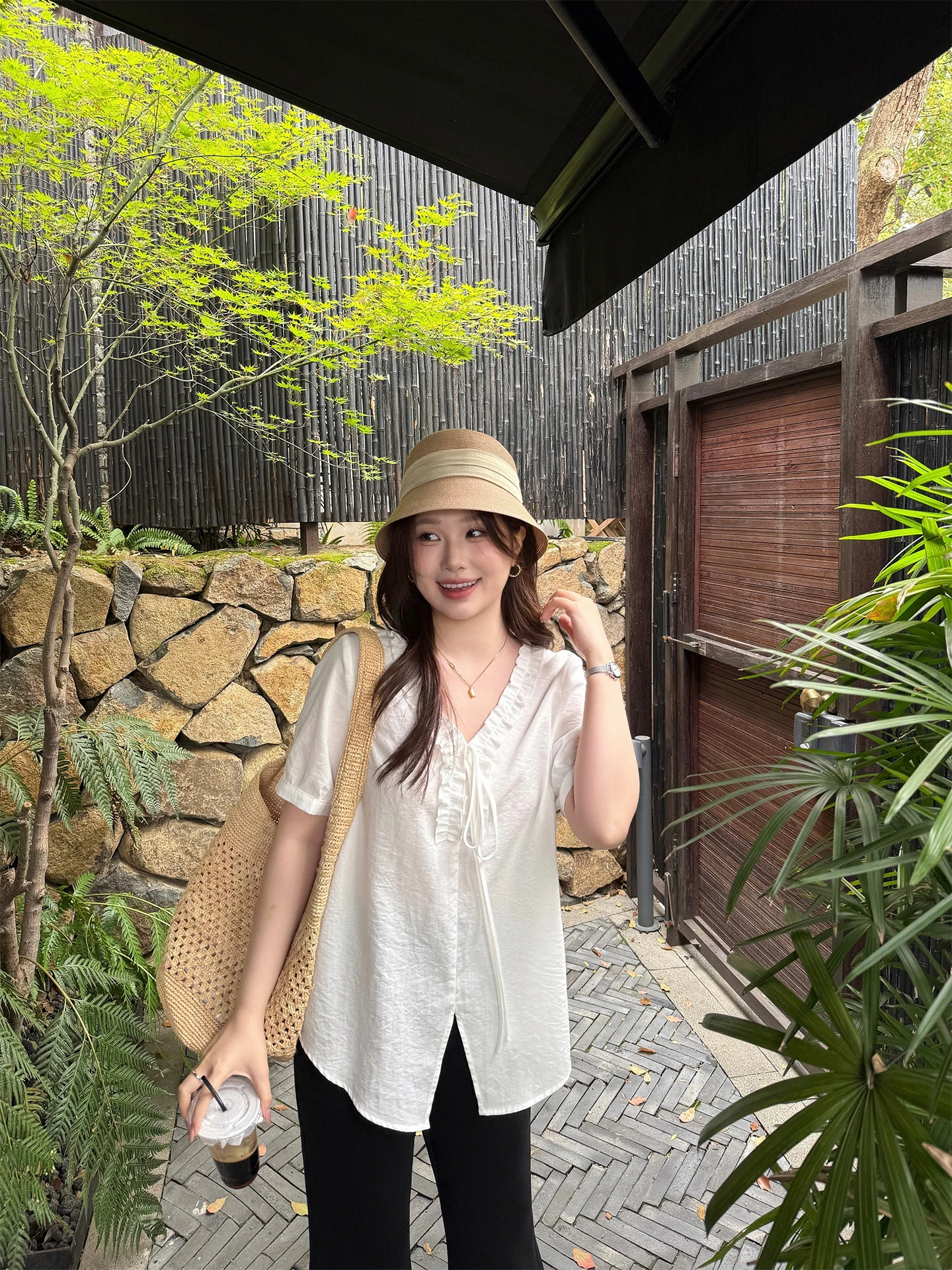 

plus Size Women's Shirt Micro Plump Sister V-Neck Short Sleeve Summer Shirt French Style Loose Fit Cotton Blend Casual Shirt