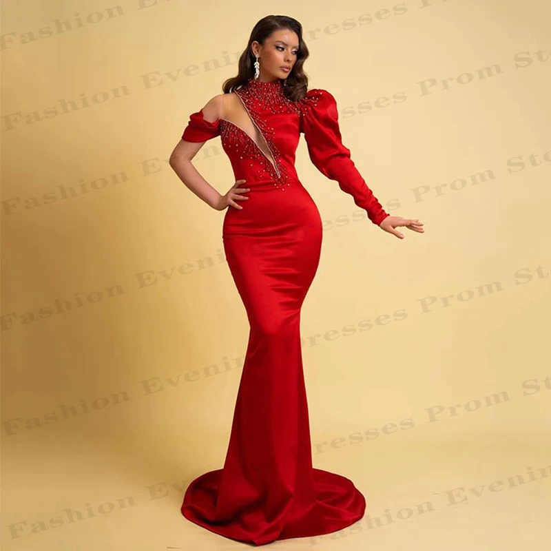 Elegant Sexy Mermaid Long Evening Dresses Exquisite Fashion Beading Beautiful High Neck Fluffy Long Sleeves Slimming Prom Gowns