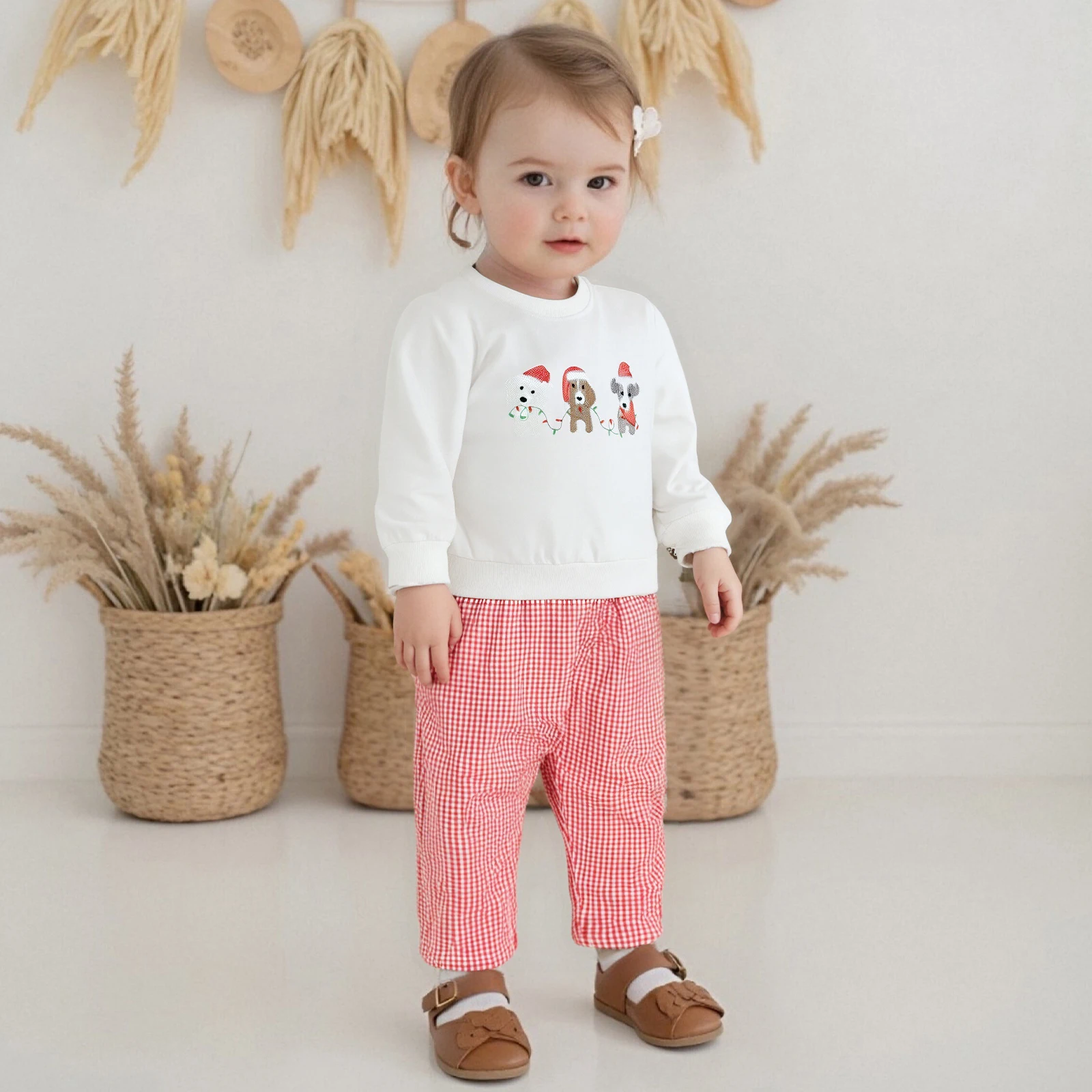 طفل صغير صبي عيد الميلاد الزي الكلب المطرزة طويلة الأكمام البلوز منقوشة مرونة الخصر السراويل 2 قطعة مجموعة