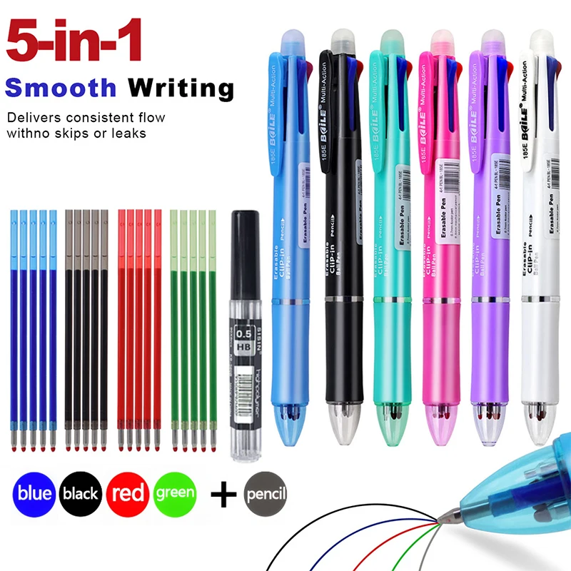 5 In 1 Multicolor Erasable Gel Pens Set with 0.7mm Refills and 0.5mm Automatic Pencil Lead,  Office School Writing Ballpoint Pen